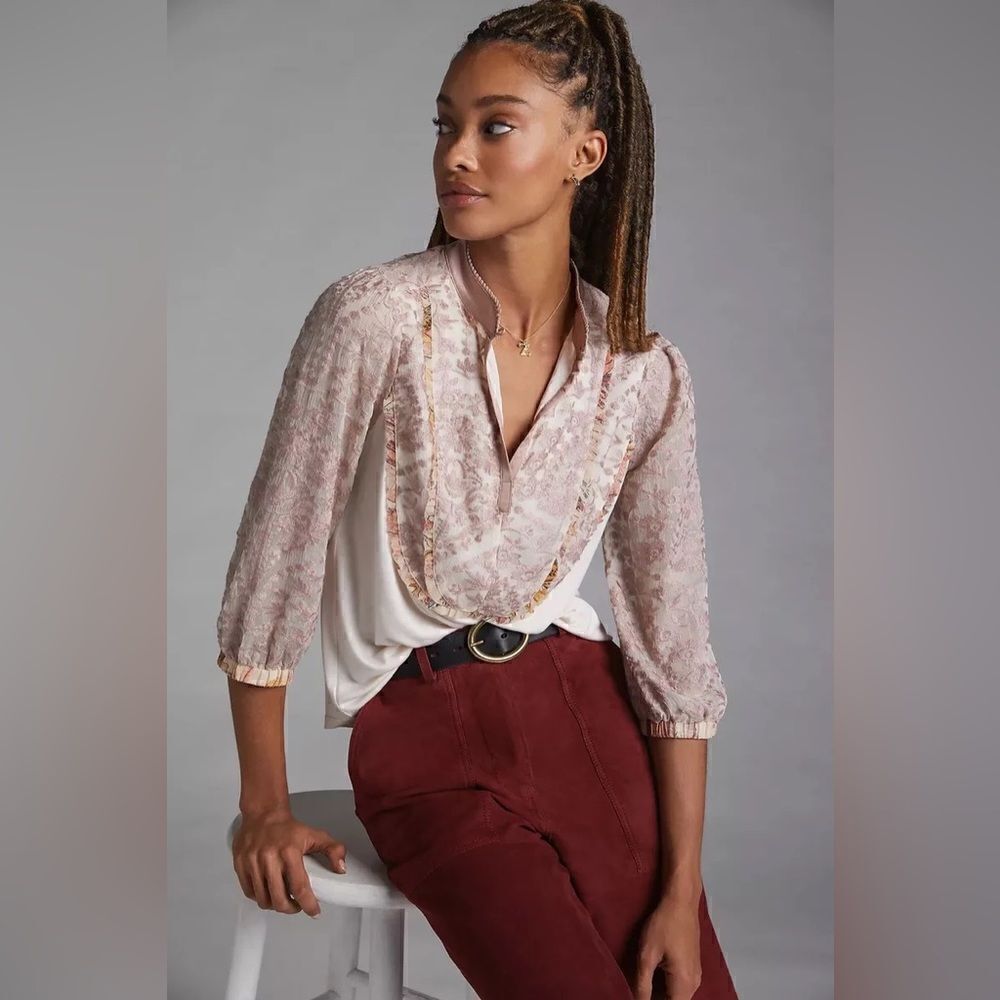 Anthropologie Tiny Ruffled Embroidered Top